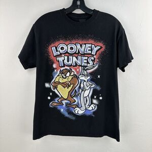Looney Tunes Taz Bugs‎ Bunny Air Brush Style Mens T-Shirt M Black Criss Cross